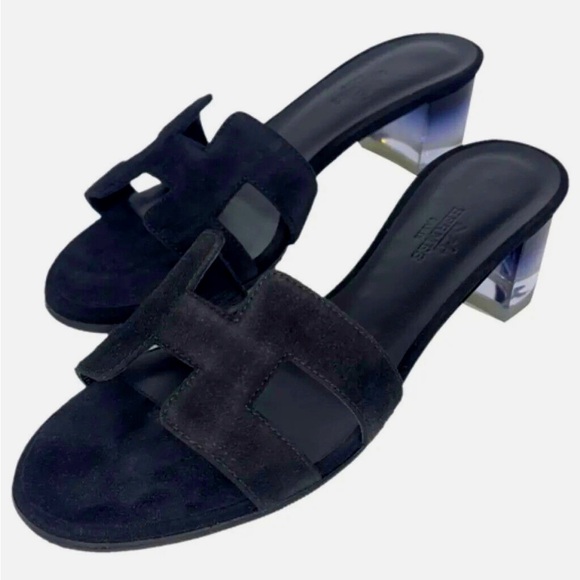 Hermes Oasis Velvet Sandals Black Suede Clear Heel RARE size 6.5 - Picture 1 of 9